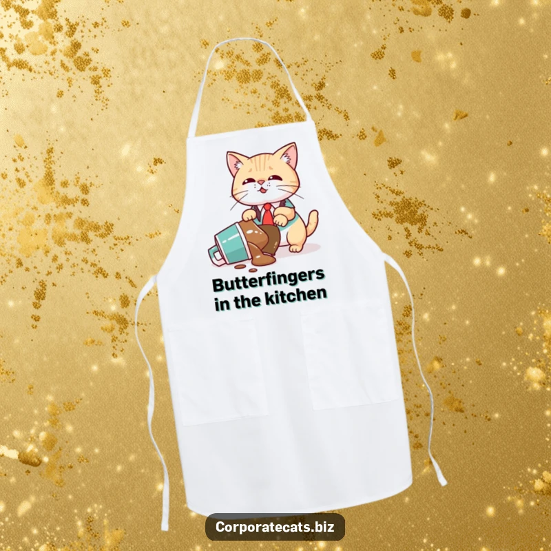 Funny Apron: A cat executive wearing a tie awkwardly knocks over a coffee cup while trying to cook, making a mess.