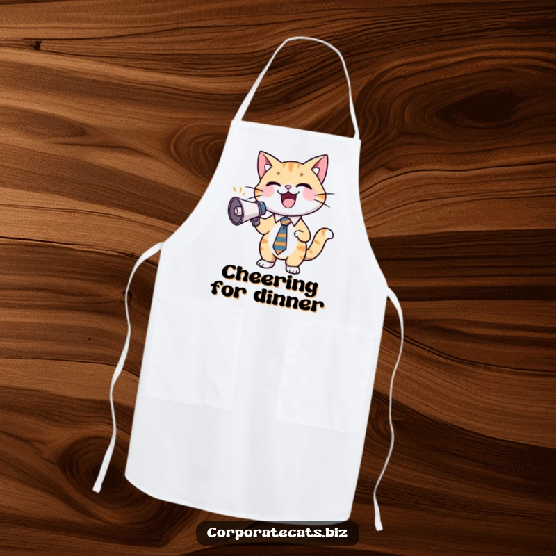 Funny cat apron showing a business cat in a tie, holding a tiny megaphone as if announcing a delicious meal.