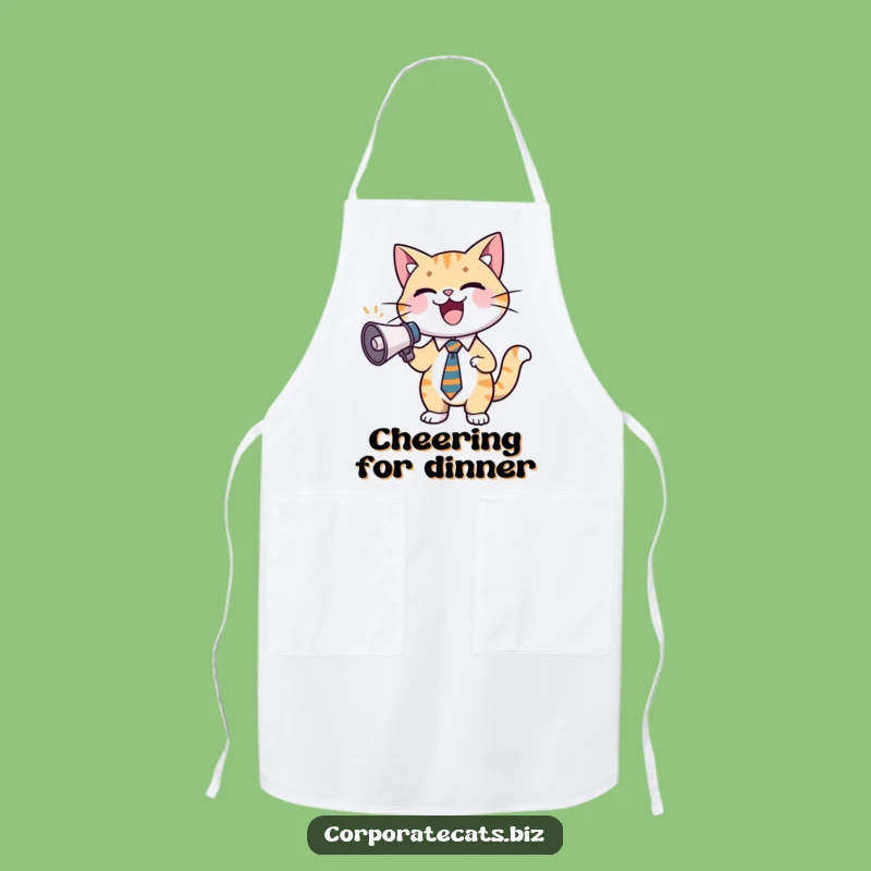 Funny Excited Cat Apron: Cheerful Feline in Tie with Megaphone, Protects and Amuses Funny Gift!