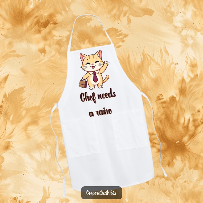 Funny cat chef apron featuring a smiling cat in a tie and holding a briefcase, ready to cook.
