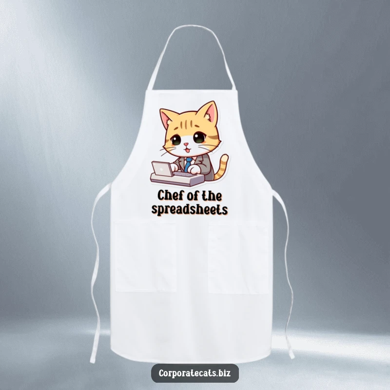 Funny cat wearing a chef hat, stirring a pot with glee, featured on a kitchen apron.