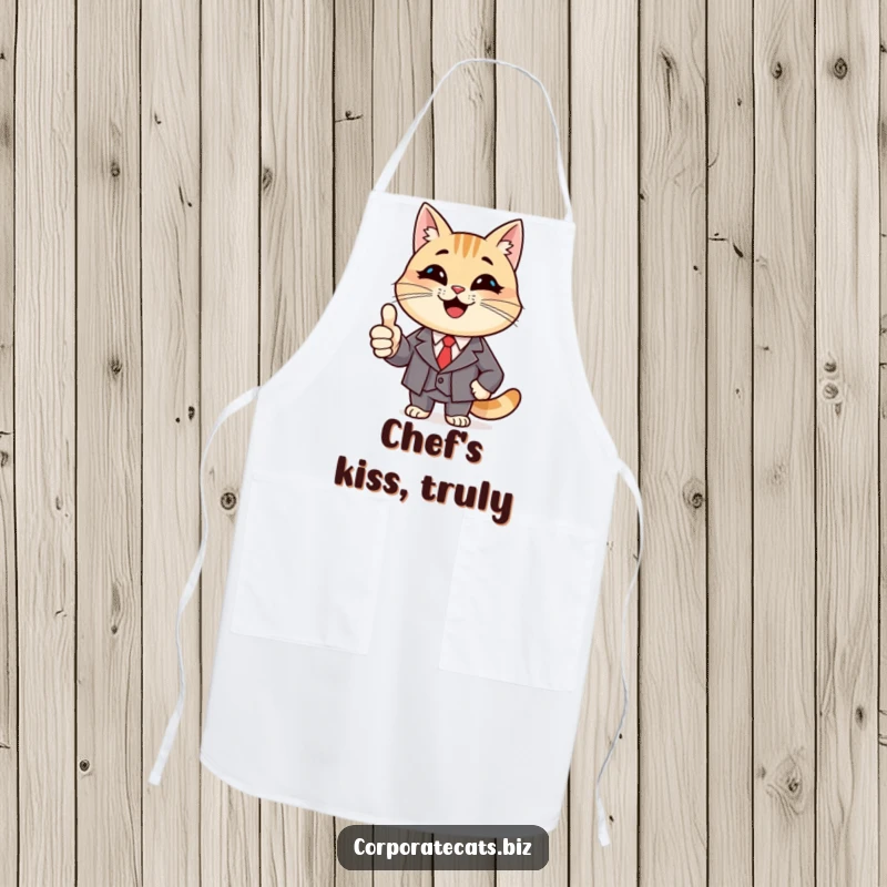 Funny Chef Cat Apron: a smiling cat character wearing a suit, giving a thumbs up, ready for the kitchen.