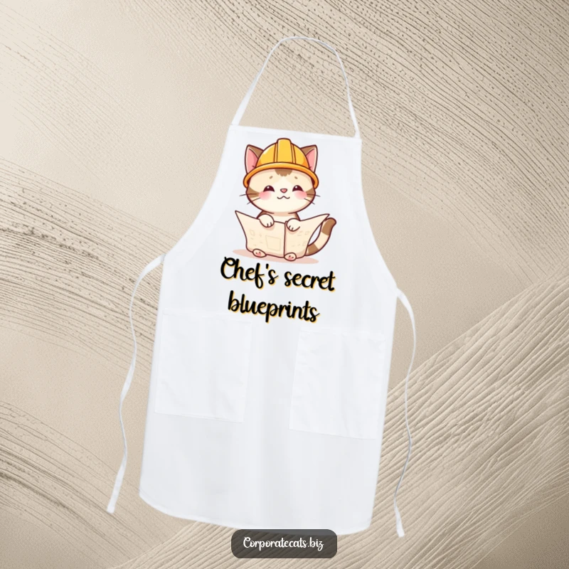 Funny cat architect wearing a hard hat, reviewing blueprints while cooking, this apron is a humorous kitchen essential and funny gift.
