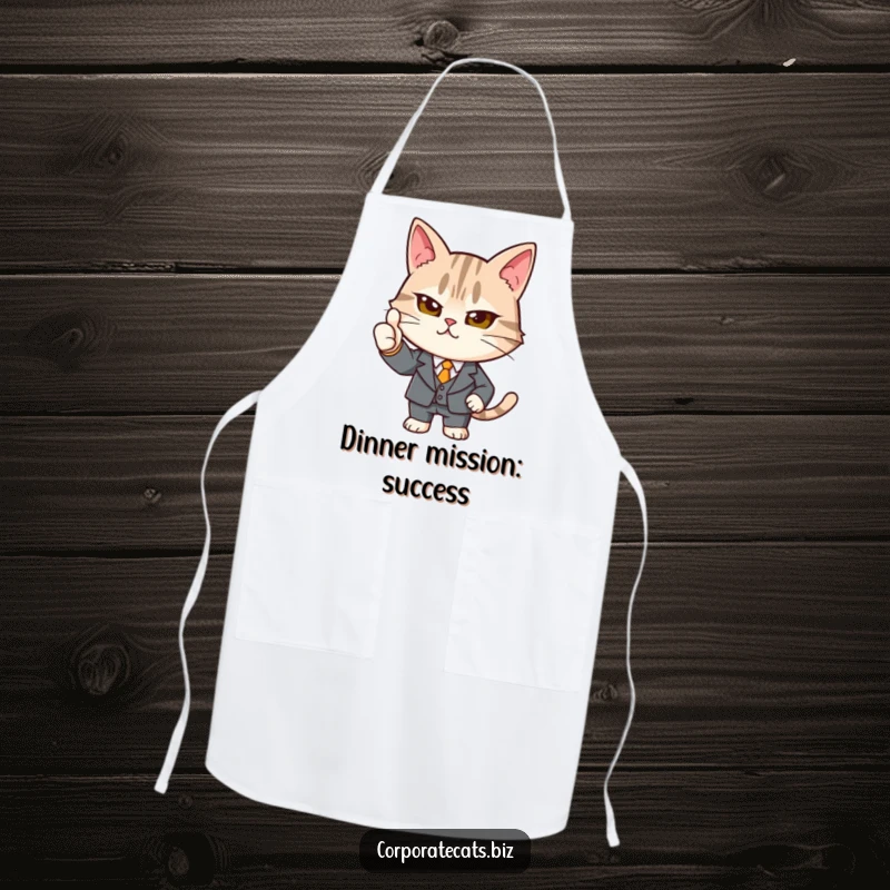 Funny determined cat apron in a tiny suit giving a strong thumbs-up, perfect kitchen wear for chefs who appreciate humor and professionalism.