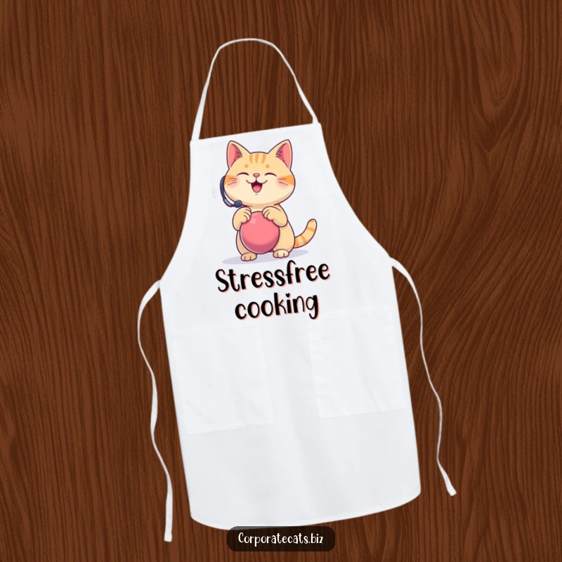 Funny apron design, a happy cat wearing a headset comically bounces a stress ball, ideal for kitchen calm and humor.