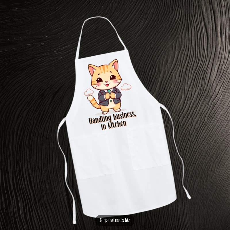 Funny cat in a business suit shaking hands with a cloud, a stylish apron for kitchen deals. An amazing funny gift.