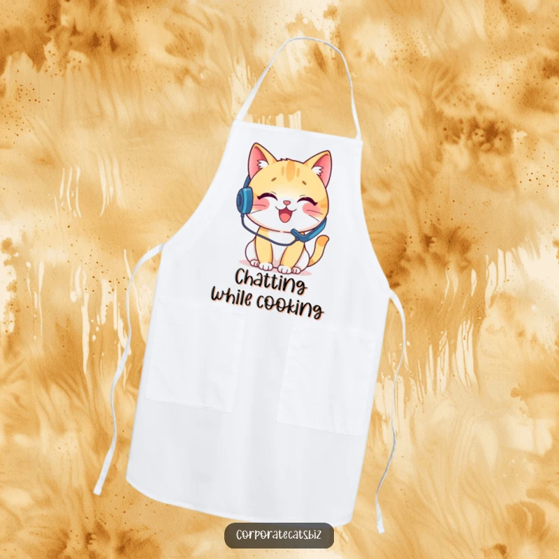 Funny apron print of a delighted cat wearing a headset, on a pretend phone call, suitable for humorous kitchen wear.