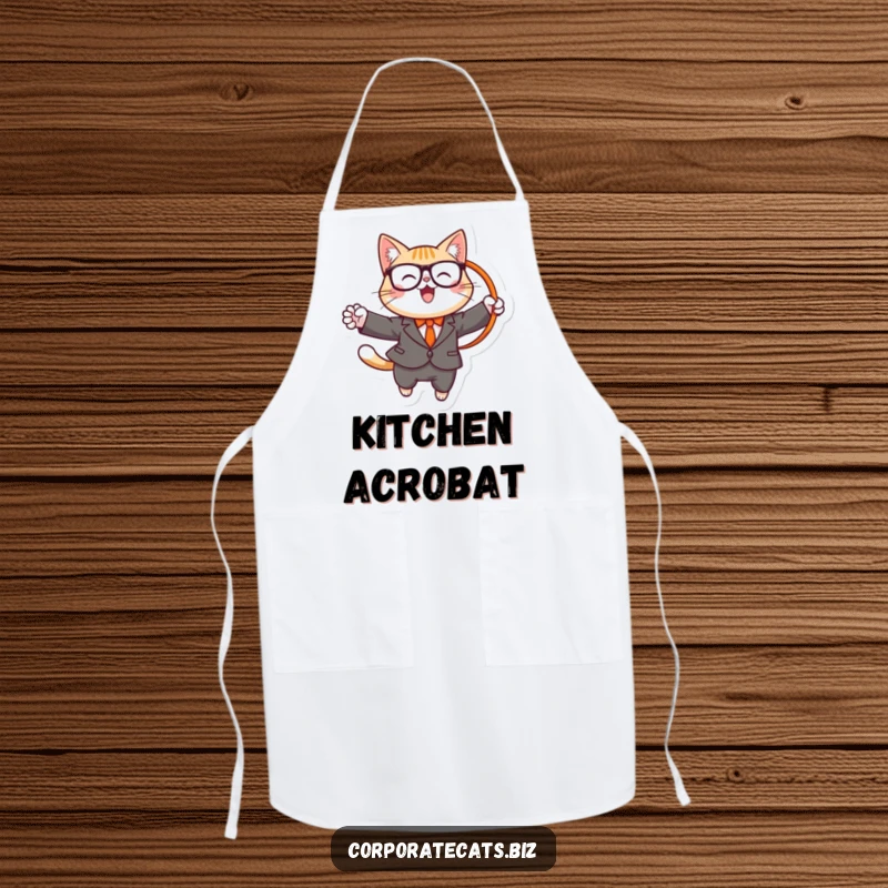 Funny apron showing a cheerful cat in a suit and glasses, jumping through a hoop, ready for kitchen acrobatics.