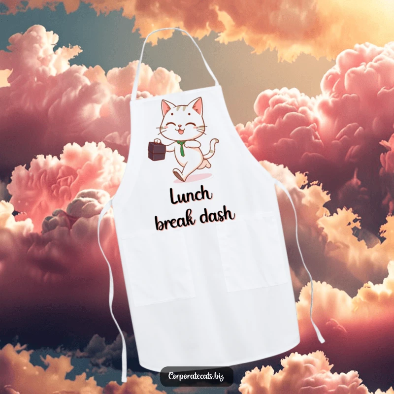 Funny playful cat holding a briefcase, running with a smile, featured on a durable kitchen apron.