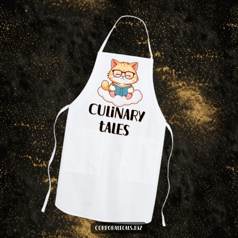 Funny Cat Chef Apron: A fluffy cat with glasses reads a book on a cloud, adding cozy humor to kitchen tasks.