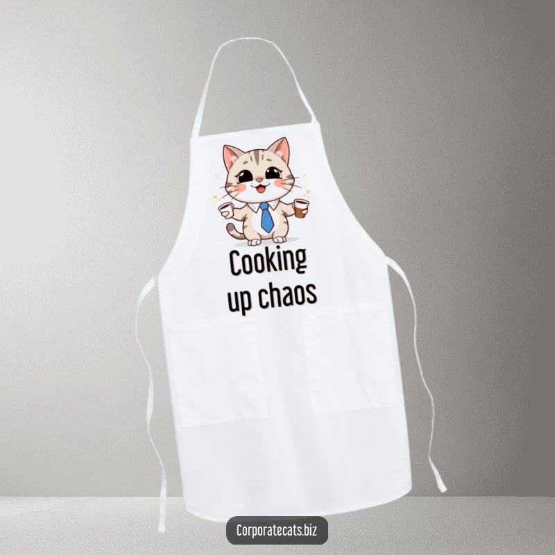 Funny cat character in a tiny tie, grinning and juggling coffee cups on an apron, symbolizing kitchen humor and multitasking, a humorous gift.
