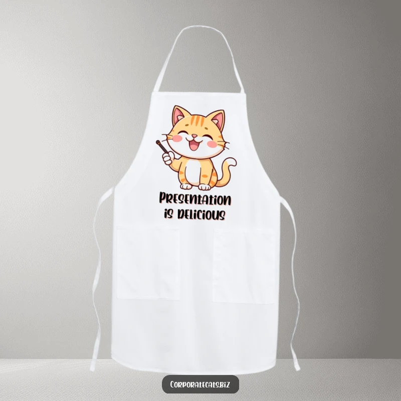 Funny cat character giving a presentation with a pointer on an apron, symbolizing confident cooking and feline flair, a humorous gift.