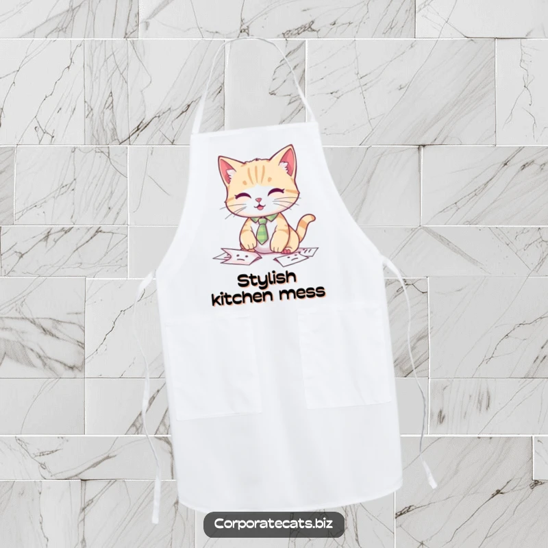 Funny cat apron, a cat wearing a tie looking overwhelmed while fumbling papers.