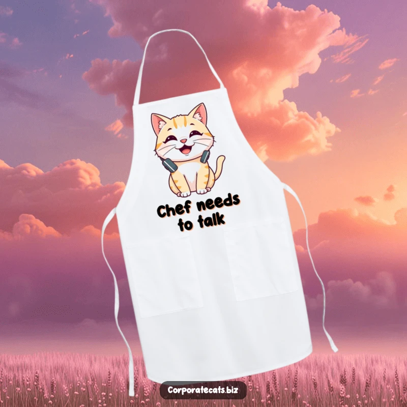 Funny apron showcasing a cheerful cat with a headset, talking, perfect for kitchen duties and culinary enthusiasts with a sense of humor.