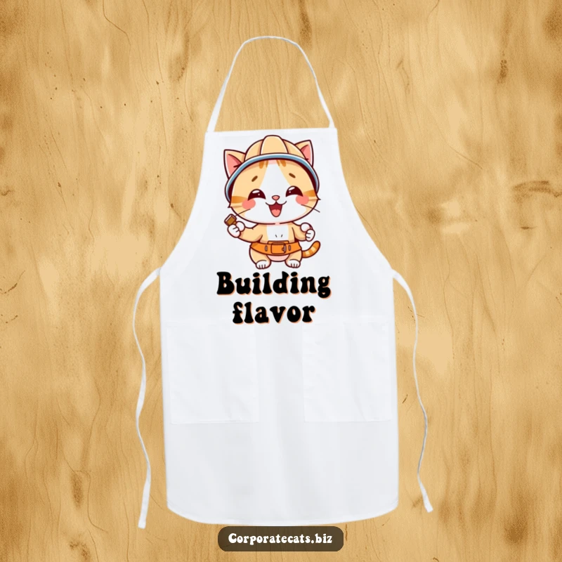 Funny cat in a hard hat, holding a hammer, ready to 'build' a delicious meal on a protective and humorous kitchen apron.