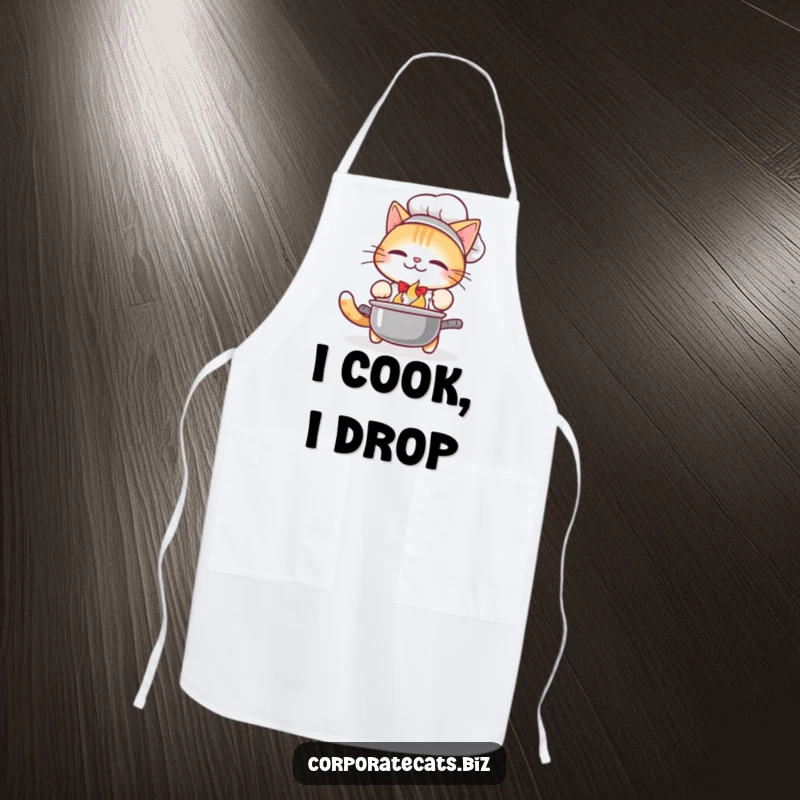 Funny Apron: A cat chef wearing a toque drops a pot with a loud noise, scattering food with a startled expression.