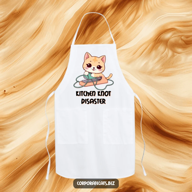 Funny cat stapler apron, hilariously caught in its own cord, suitable for kitchen or craft room humor.