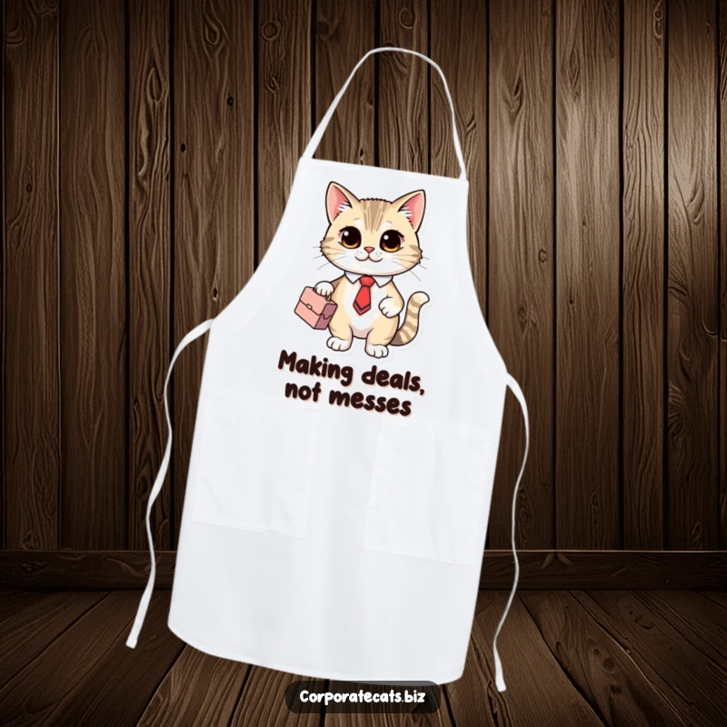 Funny Chef Cat Apron: a cute cat character in a tiny tie and holding a briefcase, ready for kitchen adventures.
