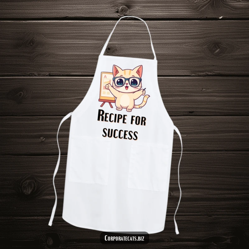 Funny cat with glasses pointing at a chart on a durable apron, bringing analytical humor to the kitchen.