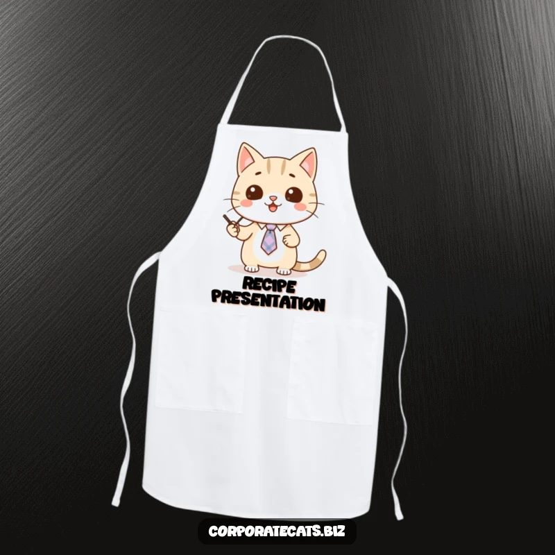 Funny cat apron showing a cute cat in a tiny tie, enthusiastically giving a presentation with a pointer.