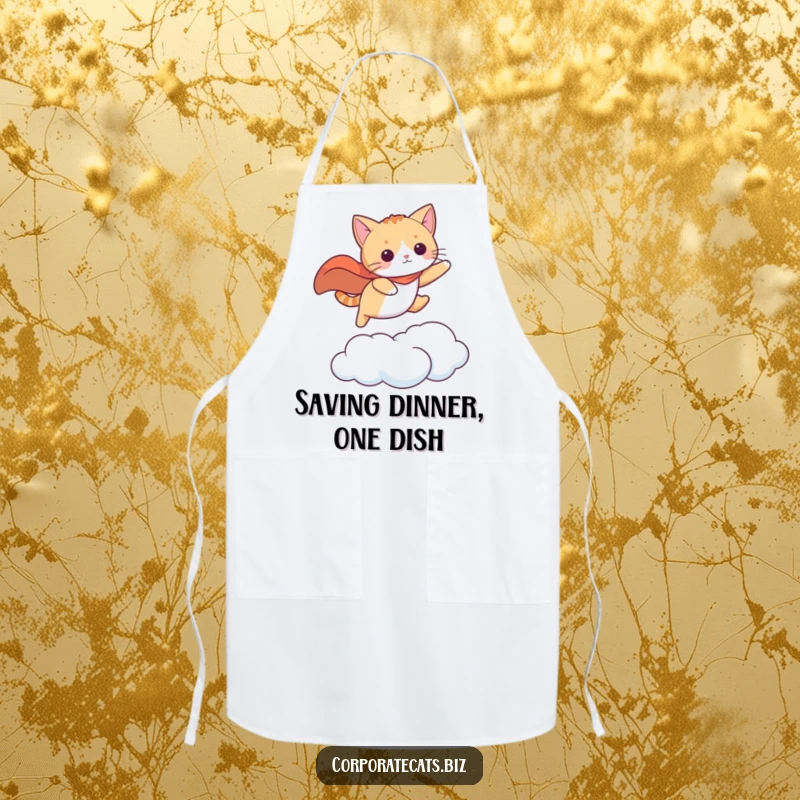 Funny cat in a cape leaping between clouds, a stylish apron for kitchen heroes. An amazing funny gift.