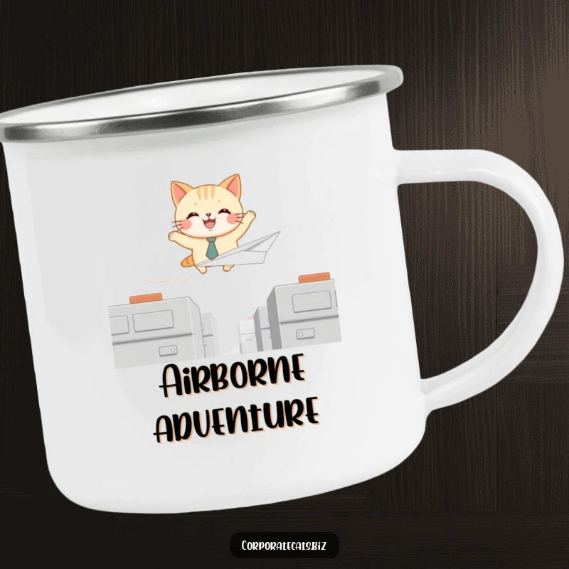 Funny camping mug featuring a joyful cat with a tiny tie, soaring on a paper airplane, designed for adventurers who love humor.