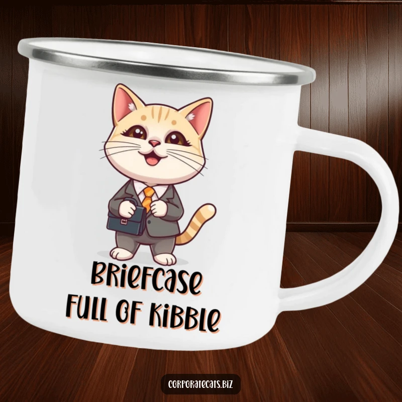 Funny camping mug with a cat in a business suit holding a briefcase, built for adventure and guaranteed to bring a smile.