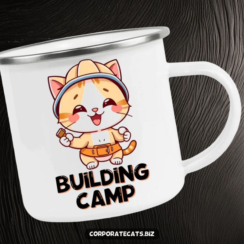 Funny cat in a hard hat, hammer ready, on a sturdy camping mug, inspiring hilarious outdoor adventures and construction.
