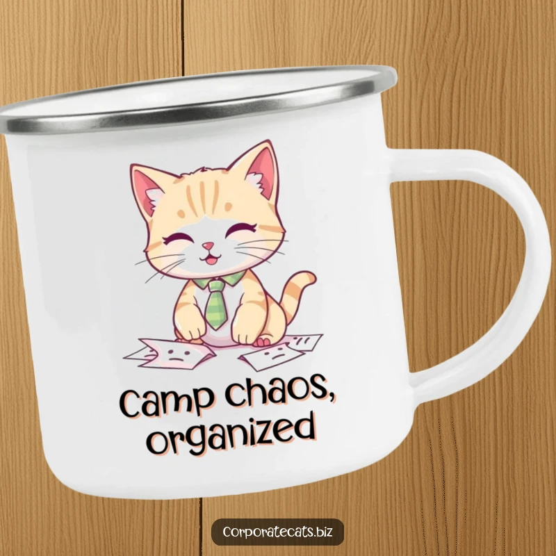 Funny cat camping mug, a cat wearing a tie looking flustered while dropping papers.