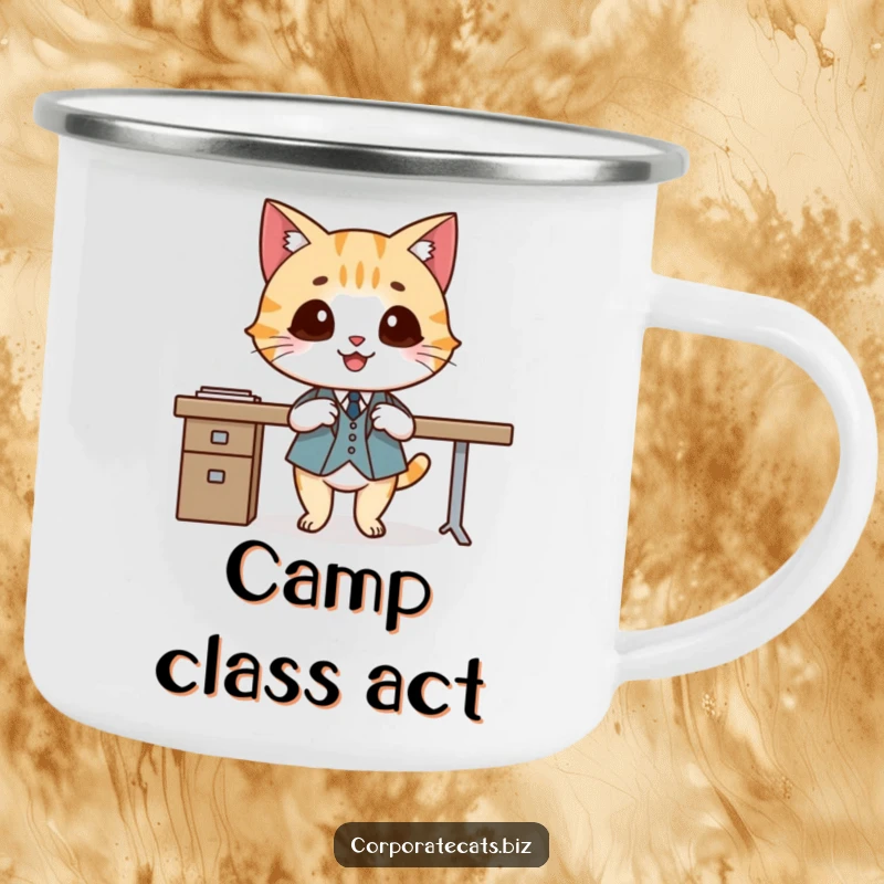 Funny camping mug featuring a smiling cat in a tiny suit crossing legs elegantly, designed for stylish campers who appreciate humor.
