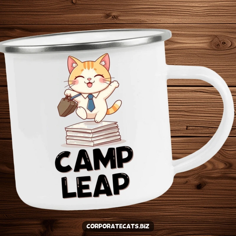 Funny camping mug with a smiling cat in a tie, briefcase in paw, leaping over papers, perfect for outdoor business.