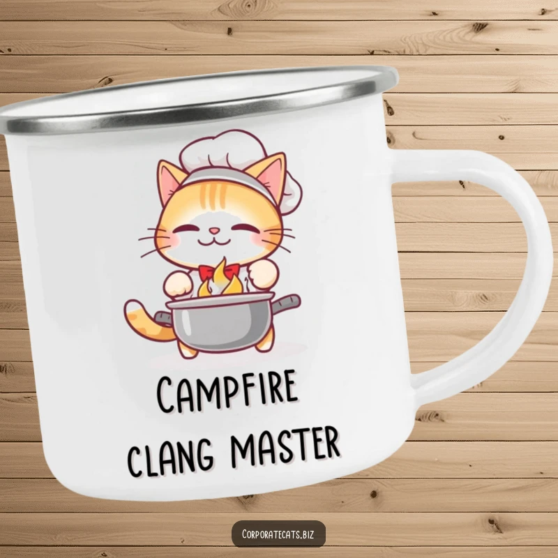 Funny Camping Mug: A cat chef pauses their campfire cooking to accidentally drop a pot. Durable and funny.