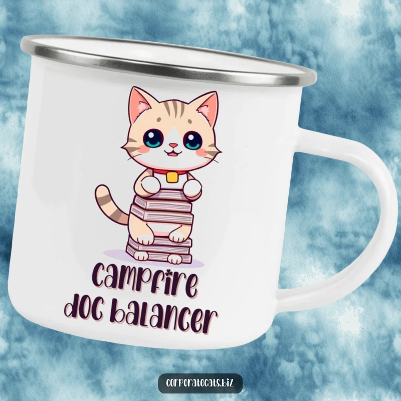 Funny camping cat mug, a playful cat named trying to balance documents, bringing humor to outdoor adventures and coffee breaks.