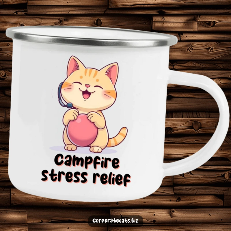 Funny camping mug, a happy cat wearing a headset comically bounces a stress ball, bringing relaxation and humor to outdoor trips.