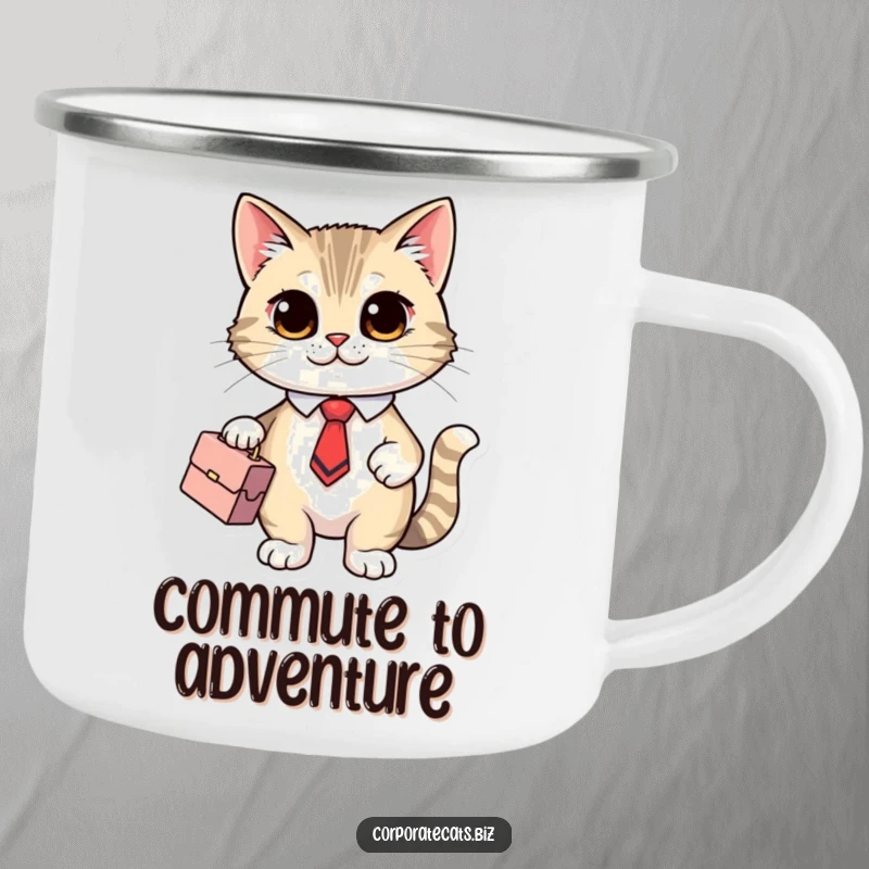 Funny Adventure Cat Camping Mug: a cute cat character in a tiny tie and briefcase, enjoying the outdoors.