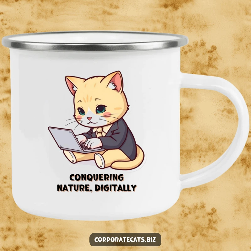 Funny cat in a suit typing on a laptop on a rugged camping mug, perfect for business humor outdoors.
