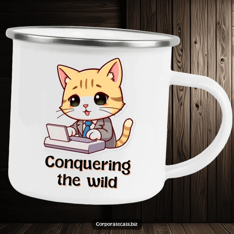 Funny cat wearing a suit and tie, typing on a keyboard, printed on a rugged camping mug.