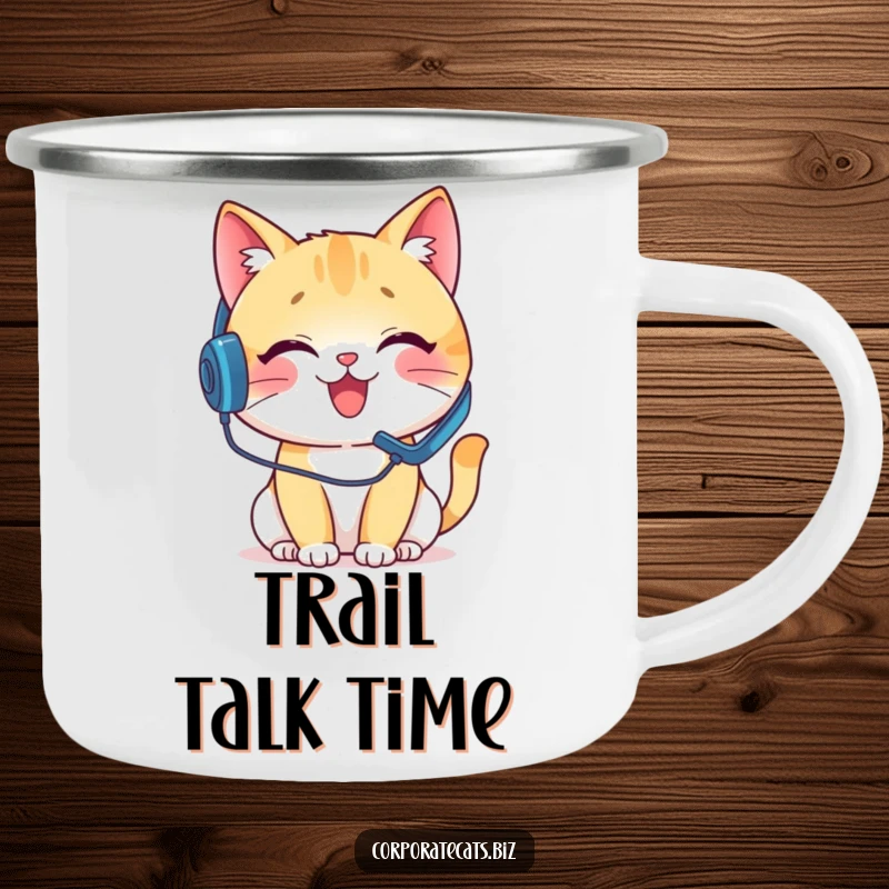 Funny camping mug featuring a delighted cat with a headset on a pretend phone call, designed for adventurers who love humor.