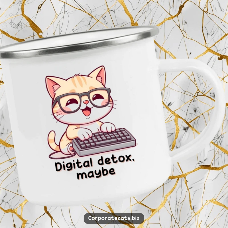 Funny Campfire Cat Mug: a happy cat character wearing glasses and typing on a tiny keyboard, enjoying the outdoors.
