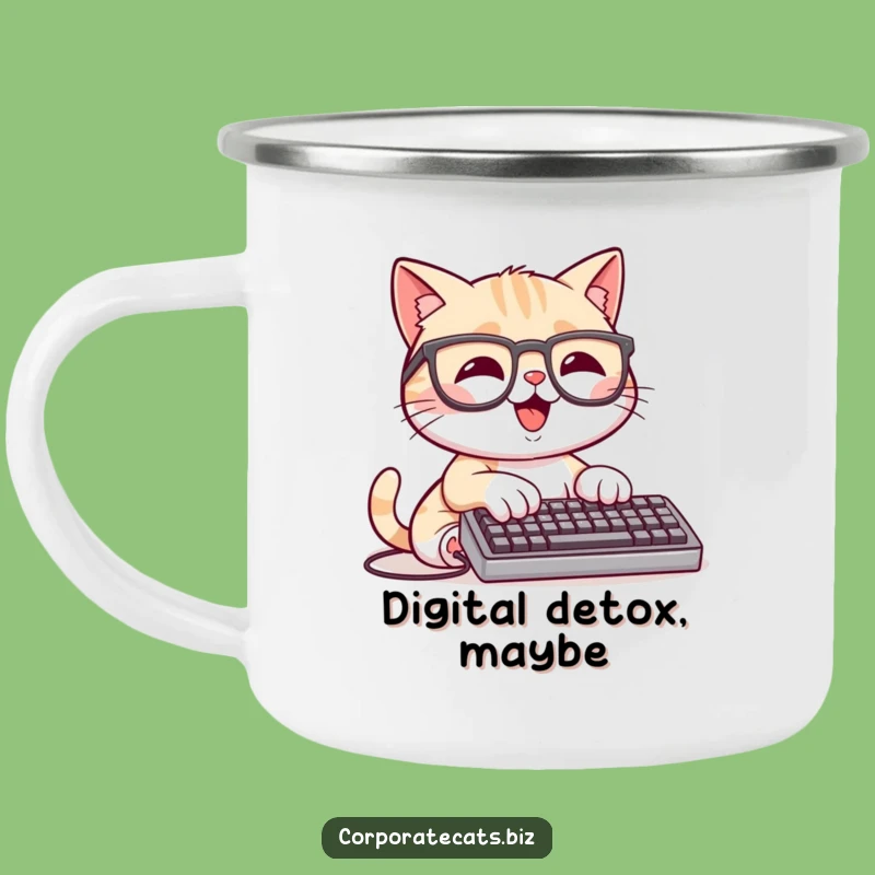 Funny Campfire Cat Mug: Happy Cat Typing Outdoors, Perfect Funny Gift