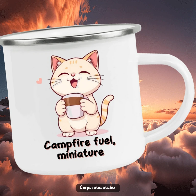 Funny camping mug showing a triumphant cat character holding a miniature coffee cup, perfect for enjoying beverages outdoors with humor.