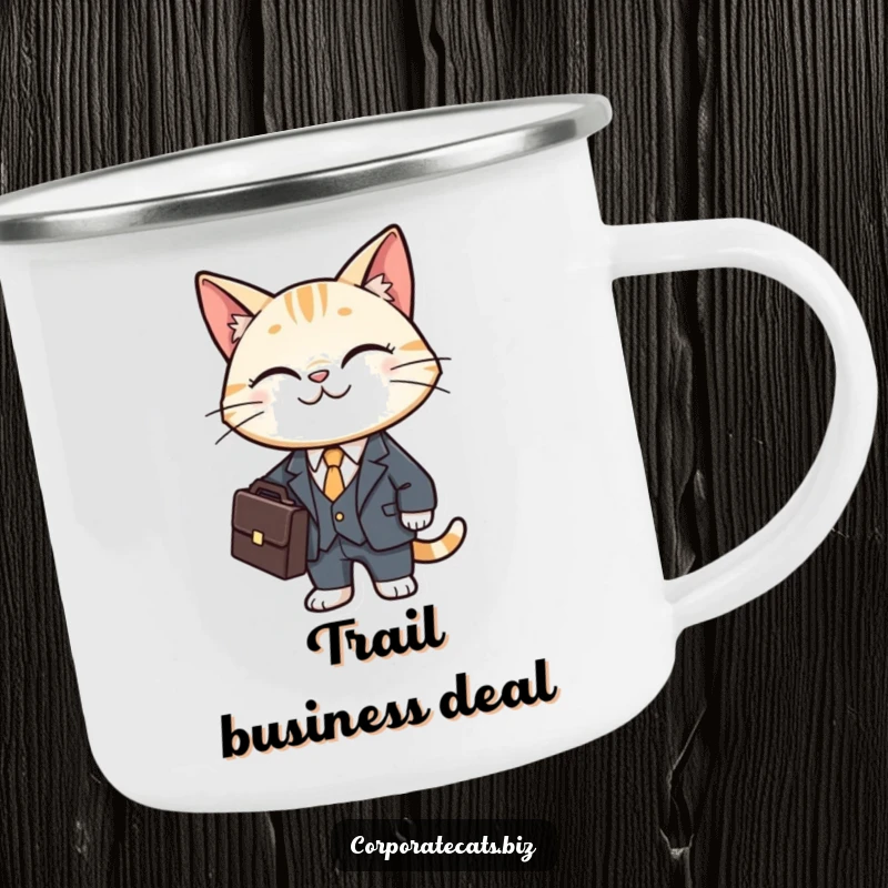 Funny cat camping mug showing a smiling feline in a tiny business suit, holding a briefcase.