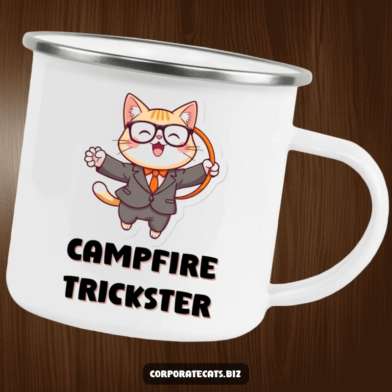 Funny camping mug with a cheerful cat in a suit and glasses jumping through a hoop, perfect for outdoor entertainment.