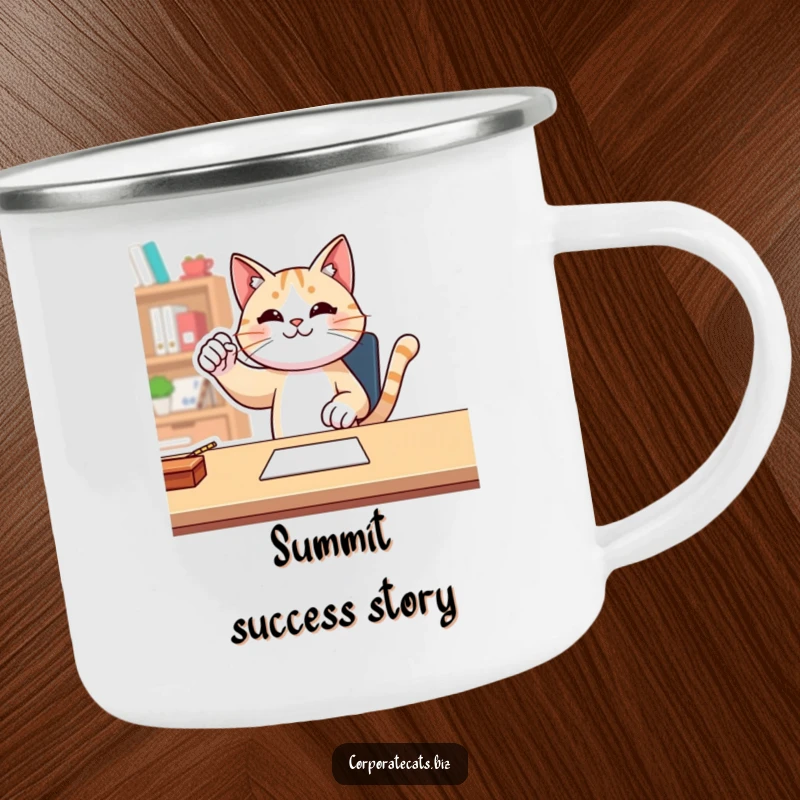 Funny cat performing a triumphant fist pump at a desk on a sturdy camping mug, bringing victory humor outdoors.