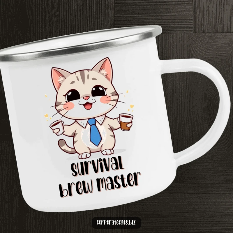 Funny cat character in a tiny tie, grinning and juggling coffee cups on a camping mug, perfect for outdoor mornings and coffee humor, a gift.