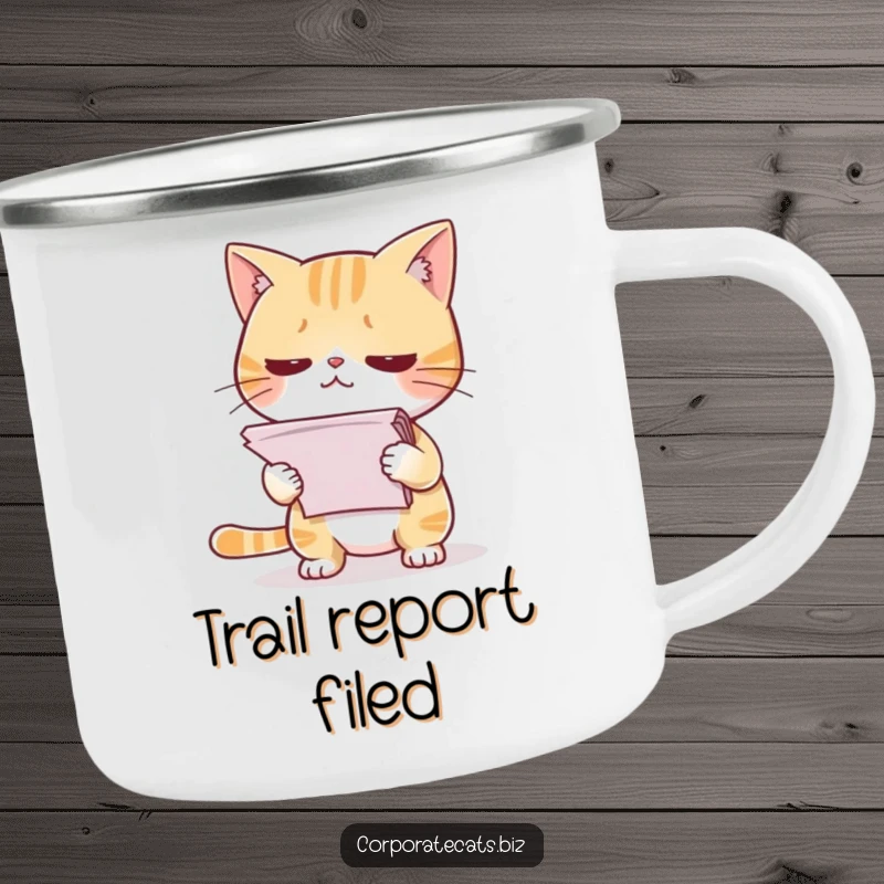 Funny camping mug with a nervous cat presenting papers, perfect for outdoor lovers who understand relatable stress.