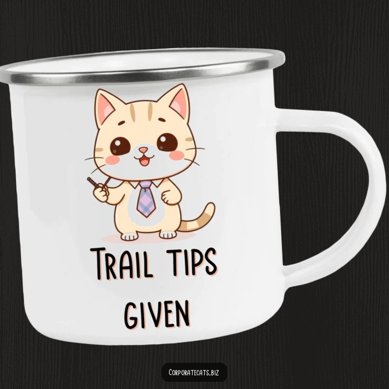 Funny cat camping mug showing a cute cat wearing a tiny tie, enthusiastically giving a presentation.