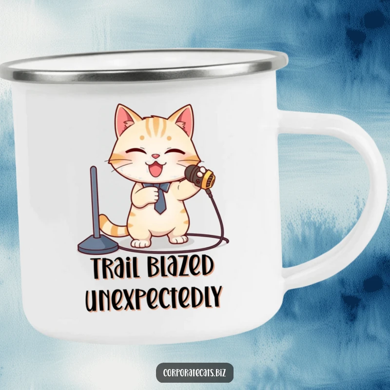 Funny Camping Mug: A cat presenter pauses their outdoor speech to trip over a cord. Durable and funny for adventurers.
