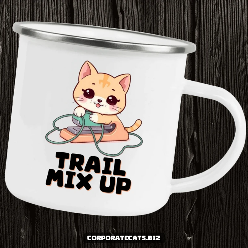 Funny cat stapler camping mug, hilariously tangled, adding a touch of office humor to outdoor excursions.