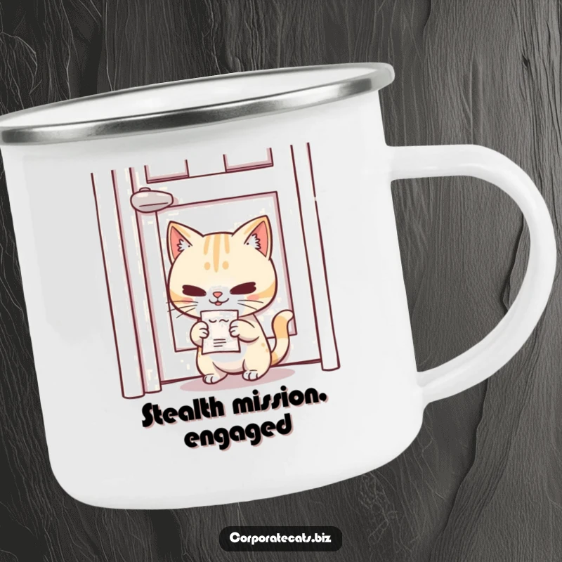 Funny Covert Cat Camping Mug: a mischievous cat slipping a memo under a door, enjoying the outdoors.